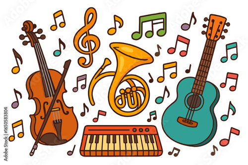 Set of musical instruments and notes. Vector cartoon illustration. Violin, guitar, keyboard, french horn. Music concept for creativity, song, melody, art, school, festival.