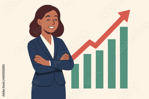 Successful businesswoman celebrates financial growth. Happy investor with rising stock market chart. Concept of profit, return on investment, and economic success.