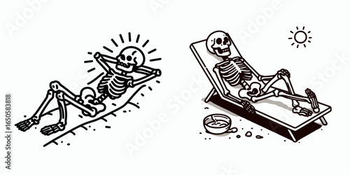 A Skeleton sunbathing quietly. Retro Vintage Line Art Clipart Silhouette Vector Illustration. .