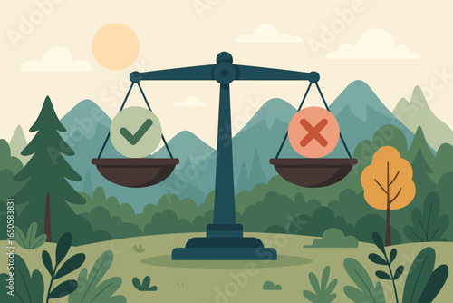 Yes or no choice on a balance scale. Concept of decision making, weighing pros and cons, ethics, and moral dilemma. Right and wrong validation vector illustration.