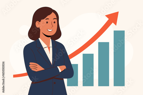 Successful investing woman. Businesswoman in front of rising stock market chart. Financial success, profit growth, career development, and return on investment vector concept.