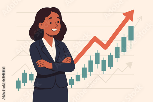 Successful businesswoman with stock market growth chart. Financial investment concept showing profit, success, and return on investment. Up arrow on a candlestick graph vector.