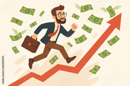 Career growth and financial success metaphor. Happy hipster businessman with briefcase runs up a rising stock market graph. Investment, wealth, profit, and achievement concept.
