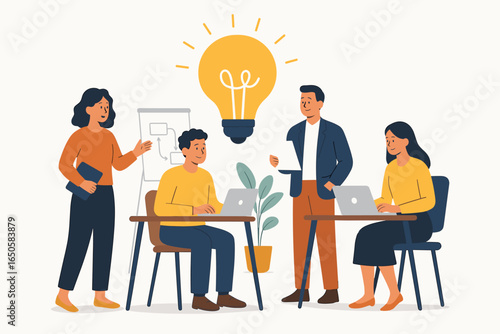 Business team brainstorming a new idea in the office. People working together on a project. Collaboration, innovation, and creative solution concept with lightbulb.