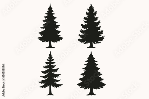 Pine tree silhouette vector collection. Set of black coniferous forest evergreen trees. Fir and spruce icons isolated on white background for nature logo or graphic design.