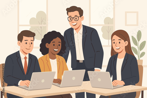 Business team meeting and collaboration concept. Diverse group of colleagues working together on laptops in modern office. Corporate training, success and brainstorming illustration.