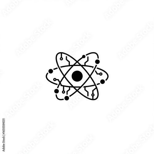 Atom with Circuitry: A minimalist illustration depicts an atom at the center, with circuitry lines and interconnected dots encircling it, representing scientific progress.
