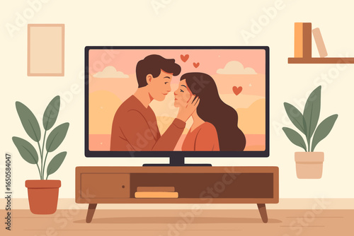 Romantic movie on TV screen showing a couple in love. Cozy living room interior for relaxing at home. Concept for streaming service, film, series, or Saint Valentine's Day.