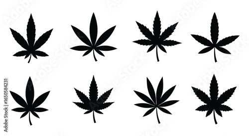Collection of Black Cannabis Leaf Silhouettes on a White Background