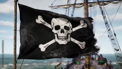 Tattered pirate Jolly Roger flag whipping in stormy sea wind on ship, photorealistic animation