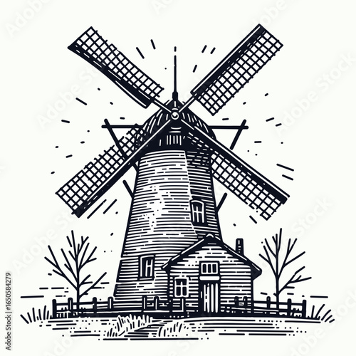 A Skeleton windmill visiting. Retro Vintage Line Art Clipart Silhouette Vector Illustration. .