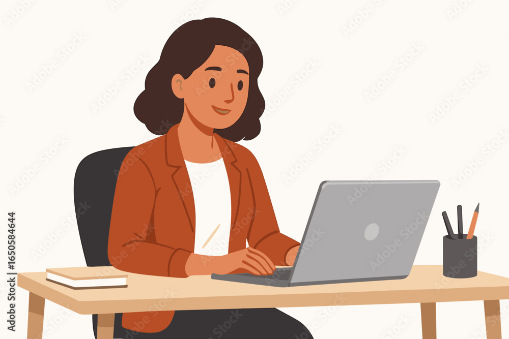 Woman working on laptop at desk. Businesswoman or freelancer in casual clothes typing on a computer. Concept for remote work, home office, online job, or education. Vector. Woman working on laptop at desk. Businesswoman or freelancer in casual clothes typing on a computer. Concept for remote work, home office, online job, or education. Vector.
