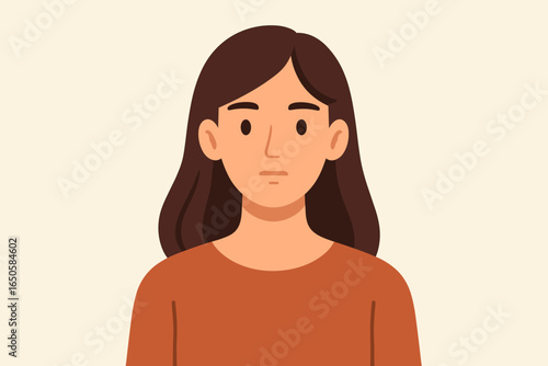 Woman face and upper body portrait. Female character avatar with casual, neutral facial expression. Modern flat design vector illustration for user profile, web, or app icon.