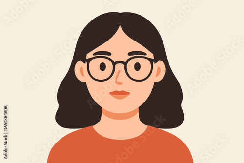 Modern flat design vector illustration of a woman with glasses. Female person portrait for user avatar, profile picture or icon. Simple cartoon character headshot design.