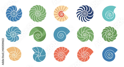 Vector set of colorful nautilus shell icons. Flat design spiral seashell logos with geometric patterns.