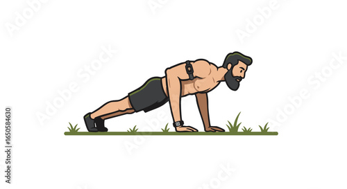 A fit bearded man doing a push-up exercise on a patch of grass, wearing a fitness tracker for a healthy lifestyle