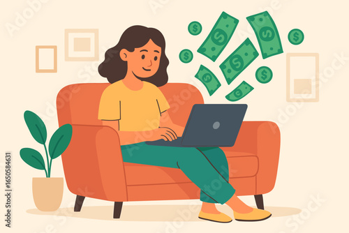 Woman making money online from home sitting on couch with laptop. Freelancer character working remotely. Concept for passive income, e-business, finance success. Flat vector.