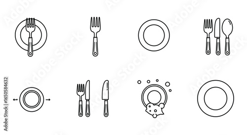 Simple Table Setting Icons Plates Forks Knives and Spoons in Black and White