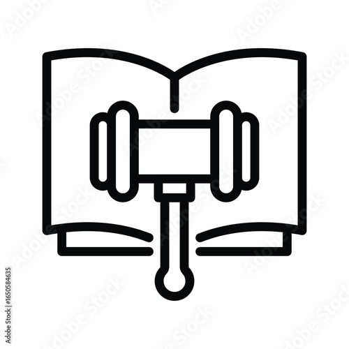 Black outlined book with a judges gavel placed atop its open pages, web icon in line style. Editable stroke