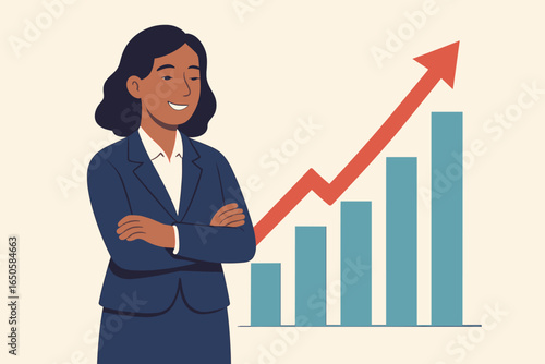 Successful businesswoman financial growth concept. Happy investor standing by rising stock market chart. Profit and return on investment. Corporate success and achievement vector.