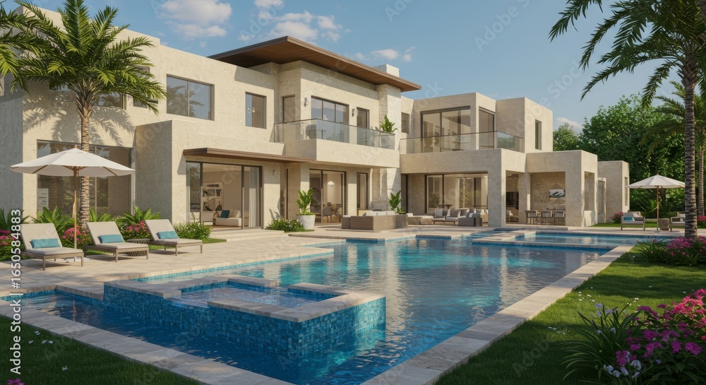 Fototapeta premium Contemporary Mediterranean Villa with Infinity Pool and Palm Garden