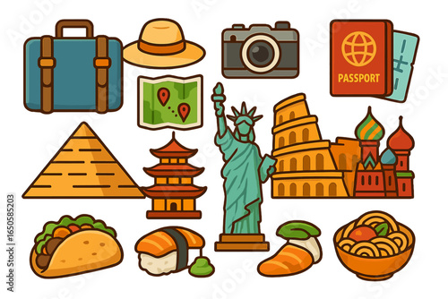 Travel icons set for world tourism. Vector cartoon illustration of journey essentials, famous landmarks, and international food. Vacation and culture symbols collection.