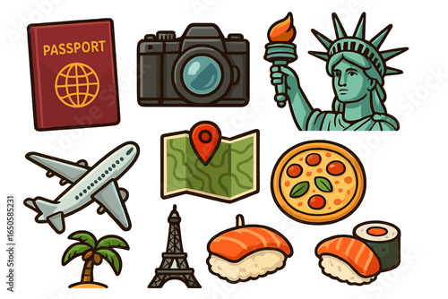 Travel icon set for world tourism and vacation. Vector cartoon collection with passport, camera, map, and airplane. Famous landmarks and food from different countries.