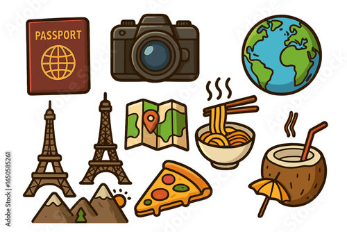 Travel icon set for world adventure. Cartoon vector collection with passport, camera, globe, map. Food tourism with pizza, noodles, coconut. Landmarks like Eiffel Tower.