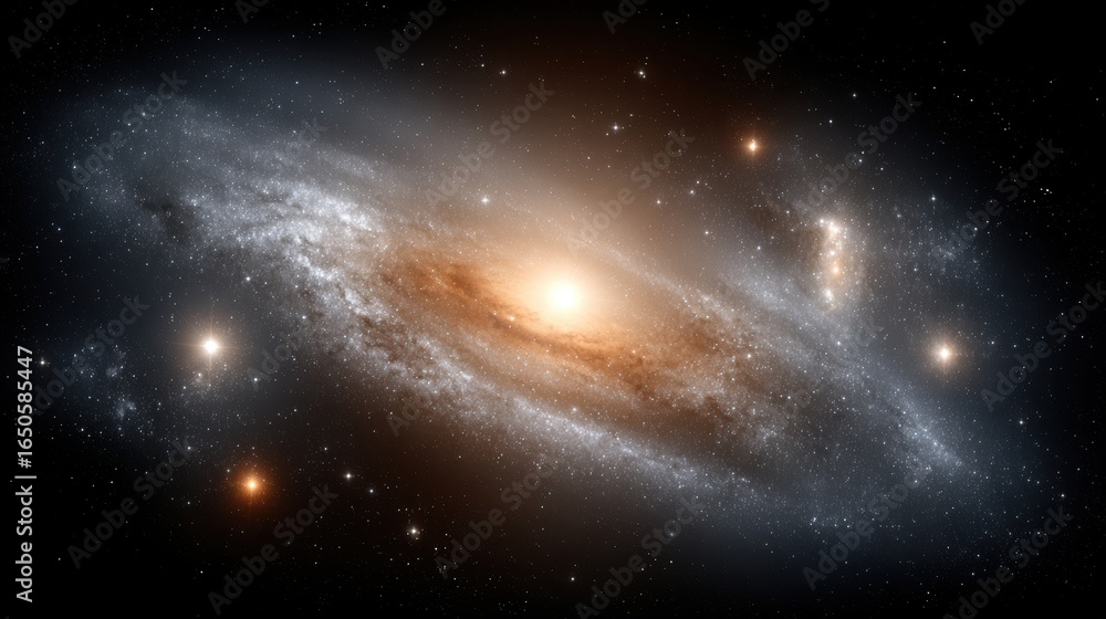 Fototapeta premium Breathtaking view luminous galaxy swirls across dark cosmos, showcasing vibrant colors celestial bodies. Striking space universe is perfect science, education, design projects needing cosmic touch.