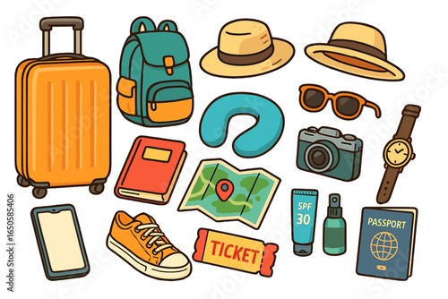 Travel essentials icon set for vacation. Cartoon vector illustration of luggage, passport, camera, map, and tourist accessories. Summer holiday trip concept collection. Isolated.