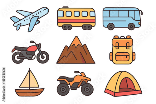 Travel icon set for adventure and tourism. Includes airplane, bus, train, motorcycle, boat, ATV for transport. Outdoor exploration with mountain, camping tent, backpack.