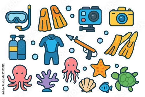 Scuba diving icon set vector collection. Snorkeling, spearfishing gear, marine life. Underwater activity, ocean animal cartoon illustration. Wetsuit, camera, octopus, turtle.