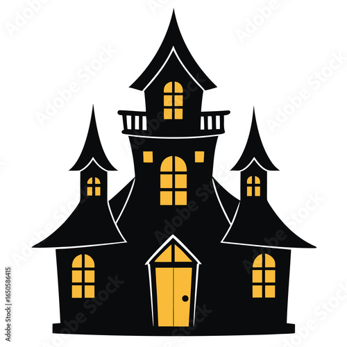Illustration of a spooky black halloween haunted house coloring page