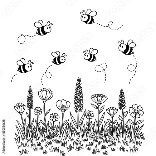 A black and white drawing of bees flying over flowers and grass with dotted lines behind them