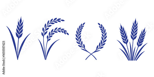 Wheat wreaths. Rice or wheat ears, barley spikes, rye grains and crops. Organic cereal plants ear silhouette, wreath element vector set. Yellow spikelets symbols for labels isolated on white