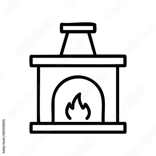 Hand-drawn fireplace icon with flames in minimalist black and white style