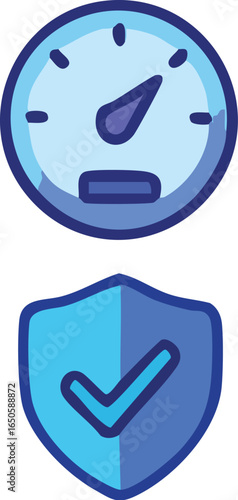 Speedometer and Shield with Checkmark Icon.