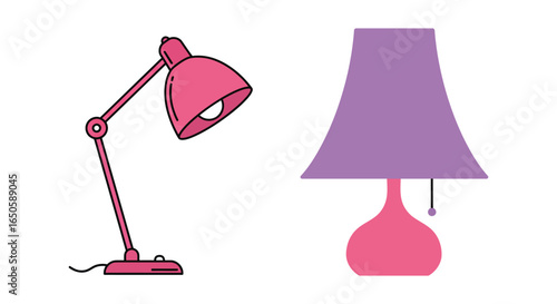 Two stylized lamps one pink articulated one pink and purple on white