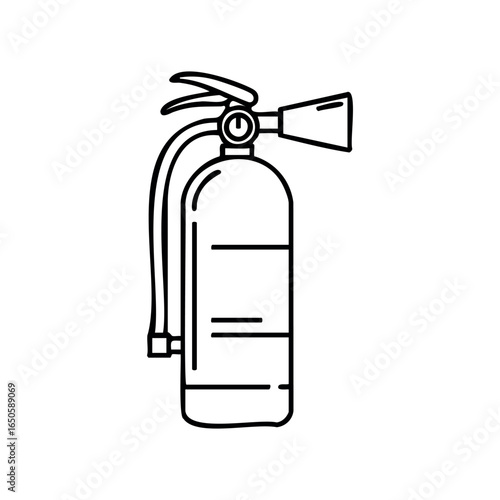 Black and white fire extinguisher illustration with hose and nozzle details