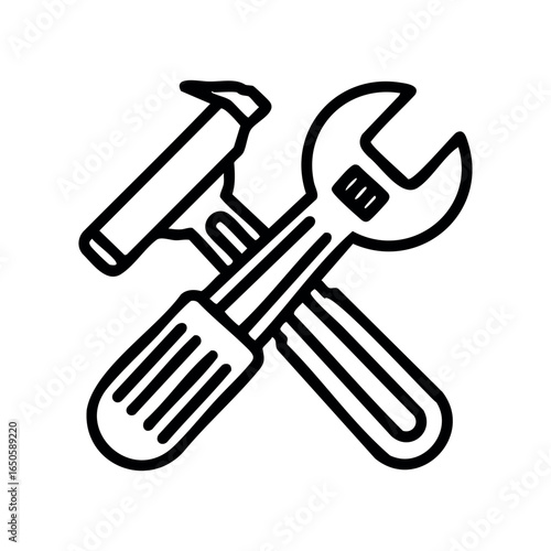 Black and white line icon of hammer and wrench crossed