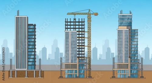 Building construction stages skyscraper development process high rise architecture progress urban growth