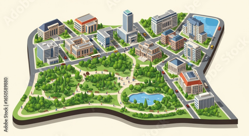 Isometric university campus map vector illustration with buildings park lake and roads for city planning design