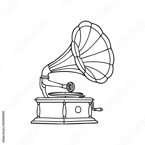 Vintage gramophone line art: retro music phonograph illustration