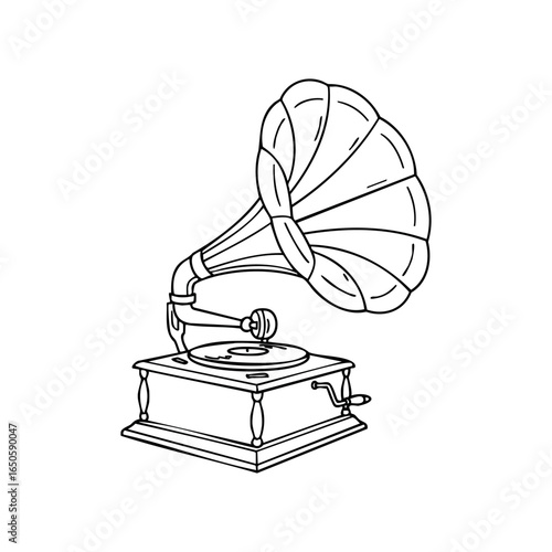 Vintage gramophone line drawing with detailed horn and turntable