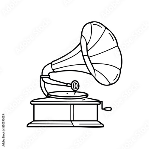 Vintage gramophone line art drawing with classic horn and turntable