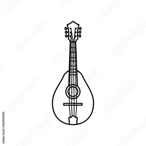 Black and white mandolin sketch with detailed strings and body design