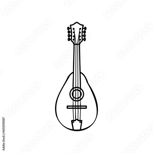 Black and white outline of a classic mandolin with strings and tuning pegs
