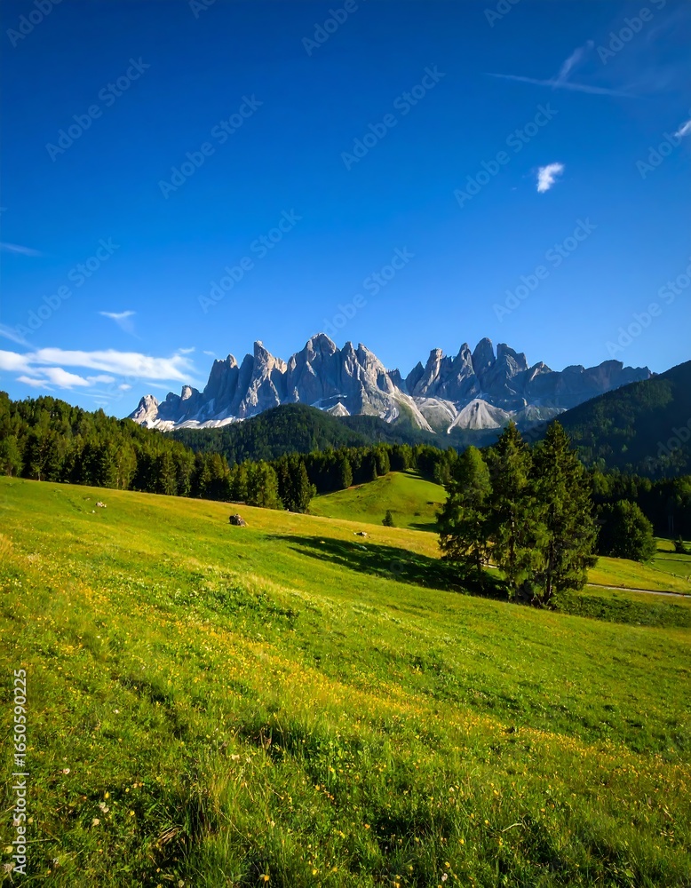 Obraz premium Rolling green meadow under a vibrant blue sky, majestic mountains in the background
