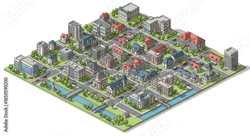 Isometric city map illustration showcasing urban planning and architectural design of a modern cityscape scene