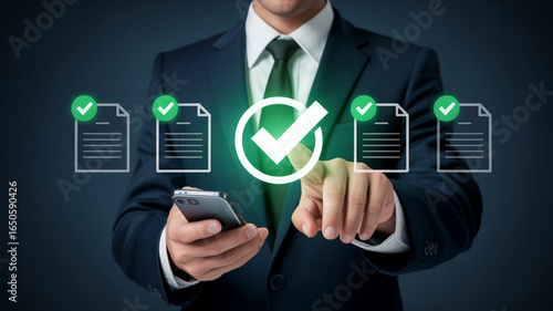 Businessman confirming tasks on smartphone with digital checkmarks mobile phone